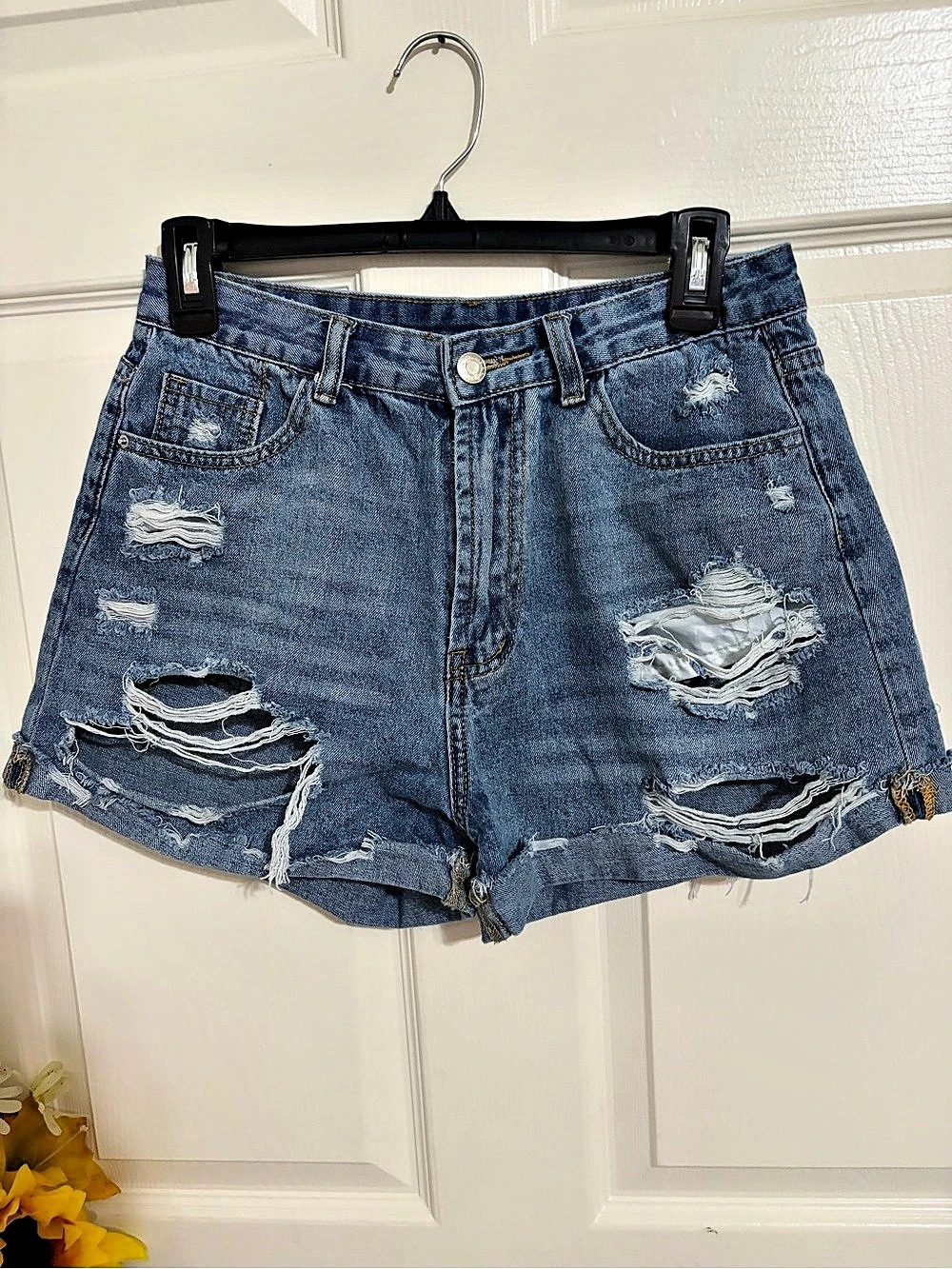 SHEIN Distressed Denim Jean Shorts in Blue